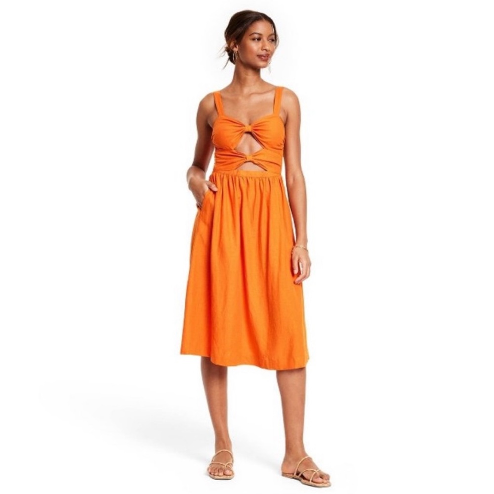 Vibrant Orange Linen Blend Cutout Midi Dress - Picture 12 of 16